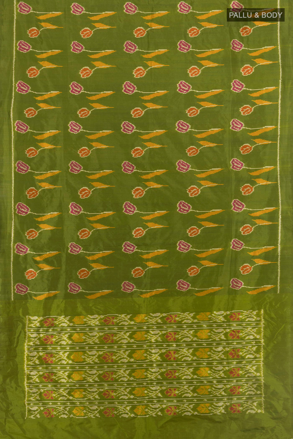 Flat view of Pure Silk Green Pochampally Saree with Pure Ikat on the body and Plain Border. 