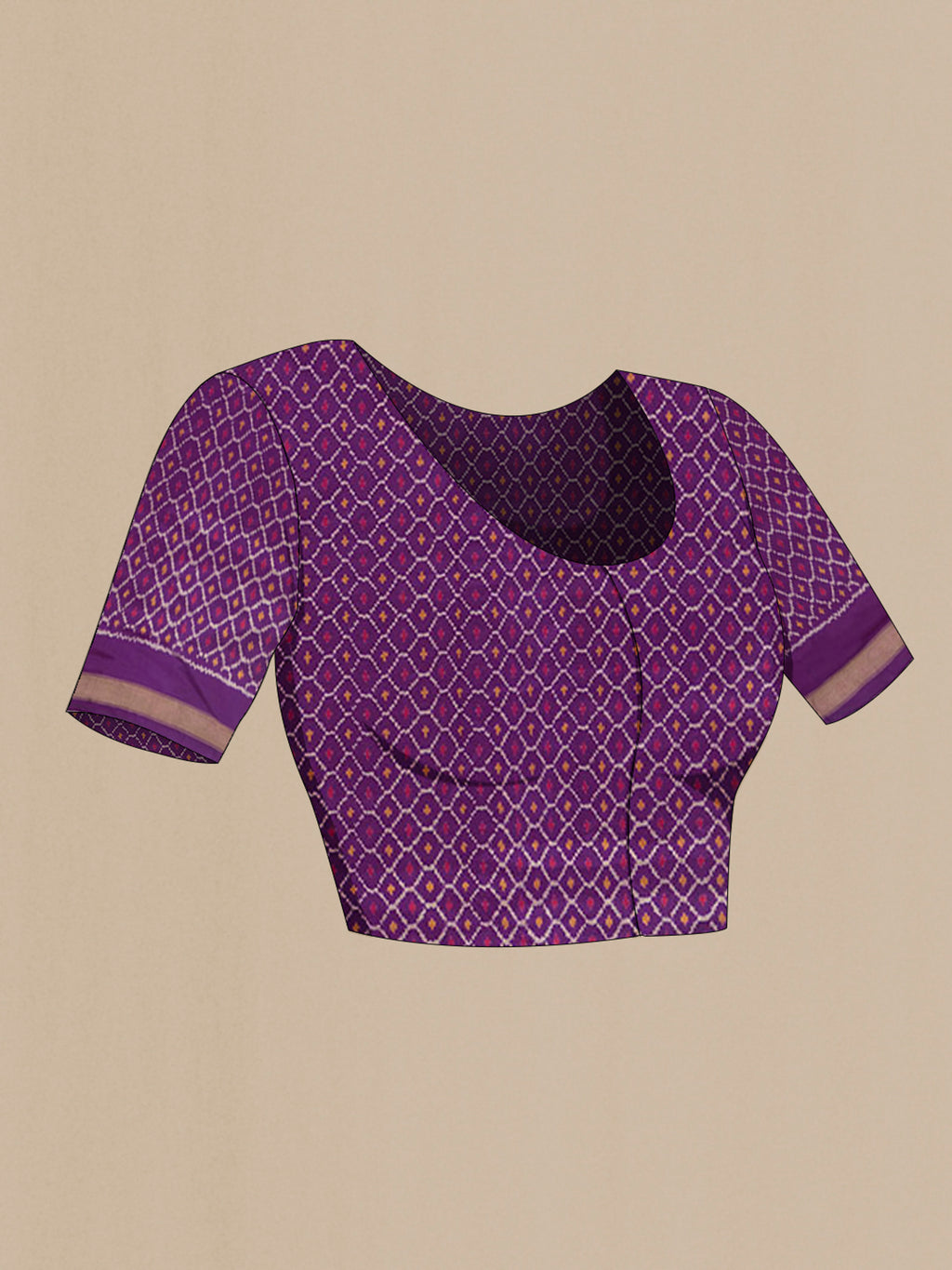 Close up image of the blouse of Pure Silk Multi Color Pochampally Saree with Ikat Print on the body and Silk Border. 