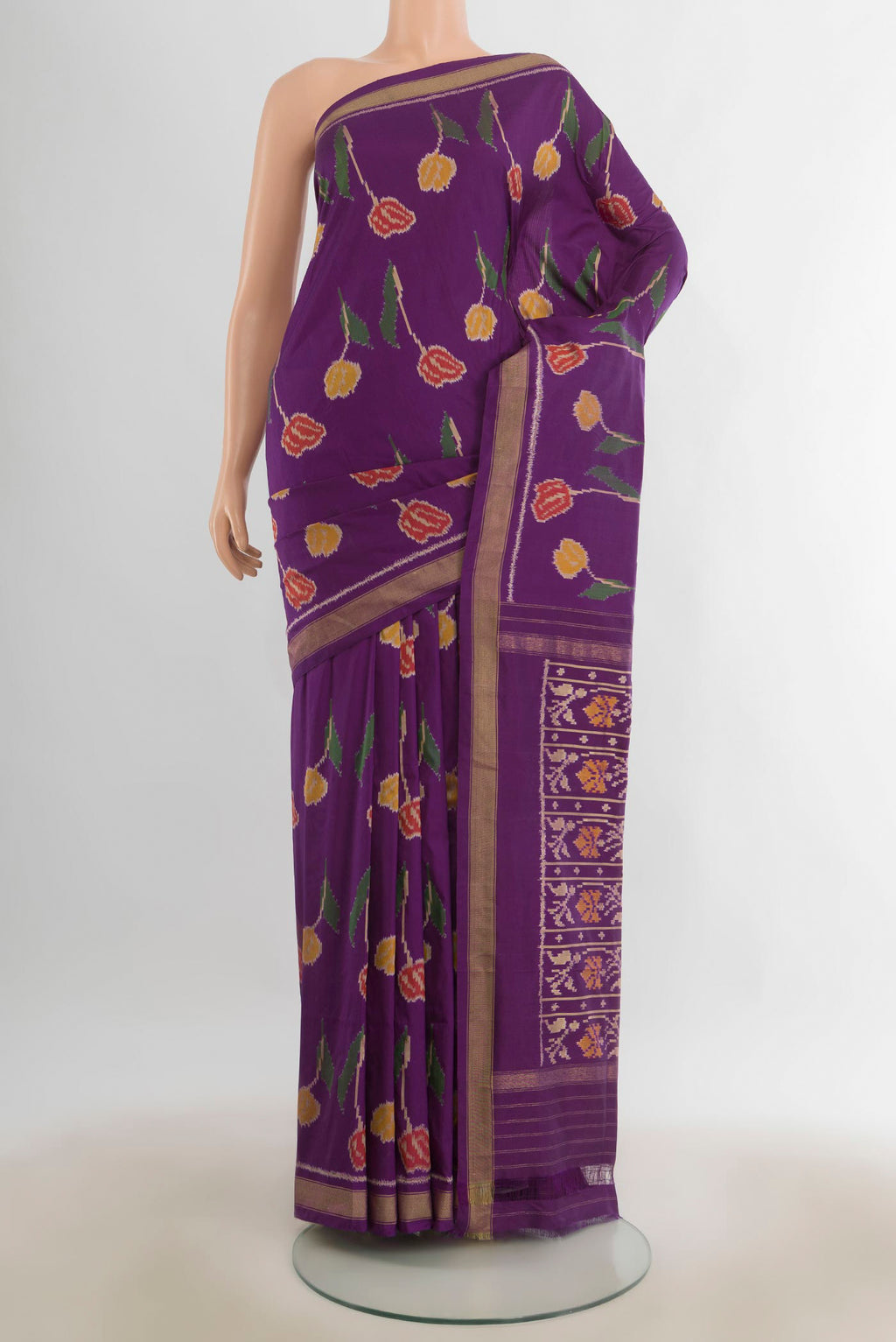 Pure Silk Multi Color Pochampally Saree with Ikat Print on the body and Silk Border.  displayed on a mannequin