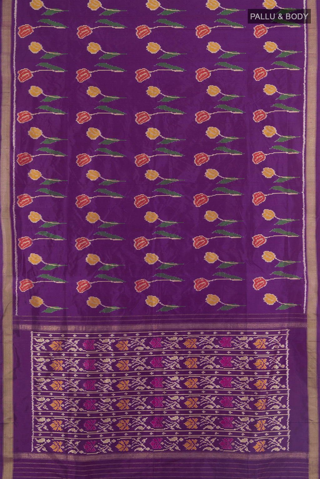 Flat view of Pure Silk Multi Color Pochampally Saree with Ikat Print on the body and Silk Border. 
