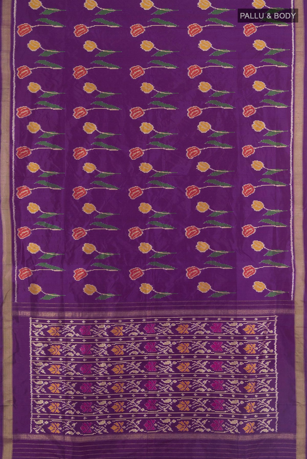Flat view of Pure Silk Multi Color Pochampally Saree with Ikat Print on the body and Silk Border. 