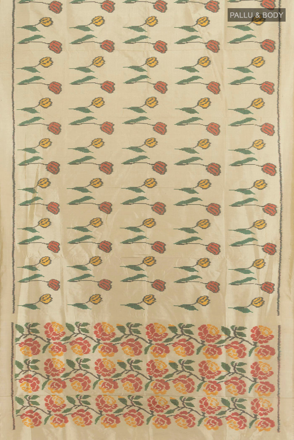 Flat view of Pure Silk Beige Pochampally Saree with Pure Ikat on the body and Plain Border. 