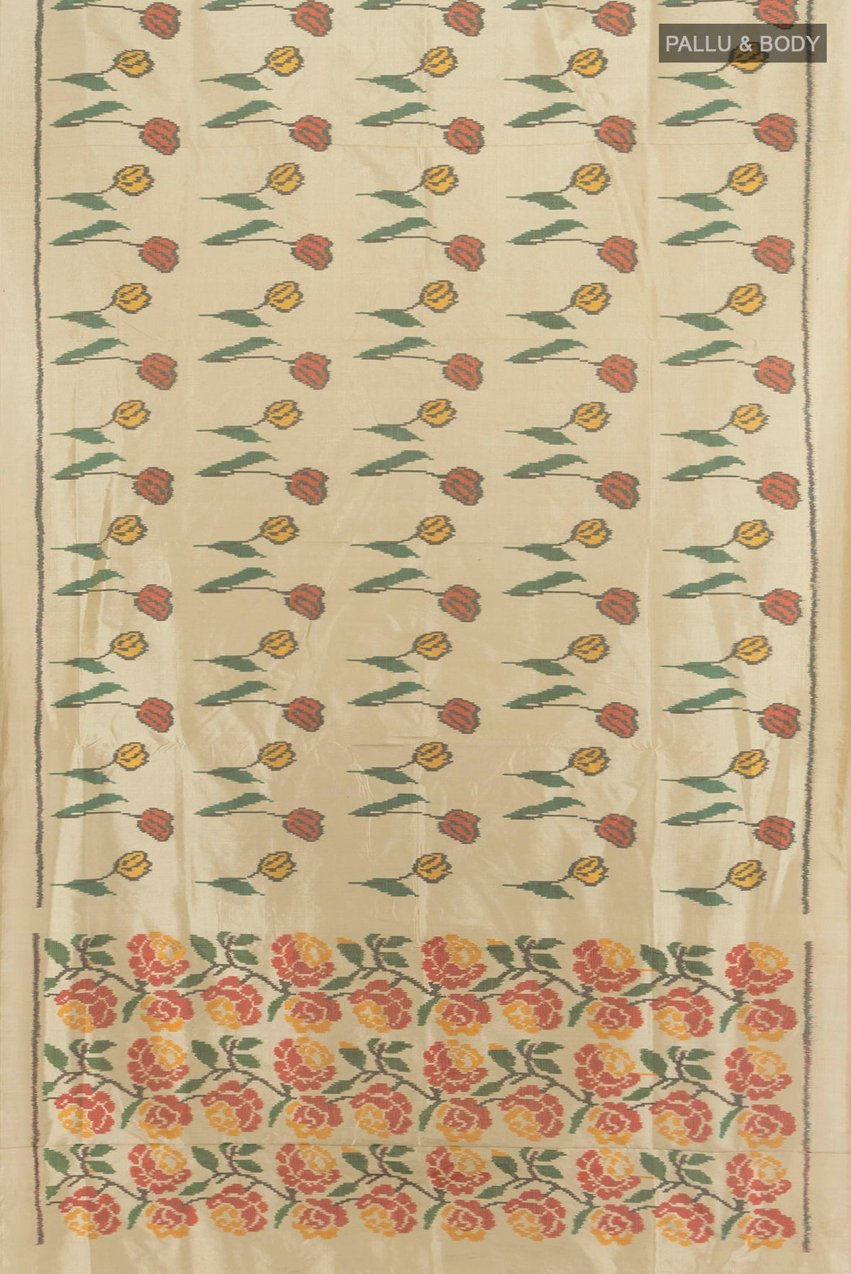 Flat view of Pure Silk Beige Pochampally Saree with Pure Ikat on the body and Plain Border. 