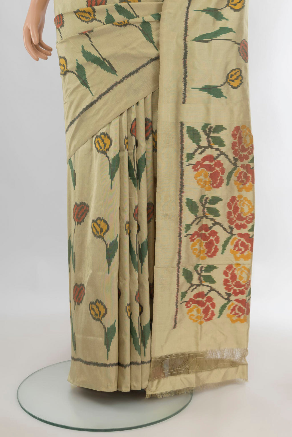 Pleats and pallu of Pure Silk Beige Pochampally Saree with Pure Ikat on the body and Plain Border. 