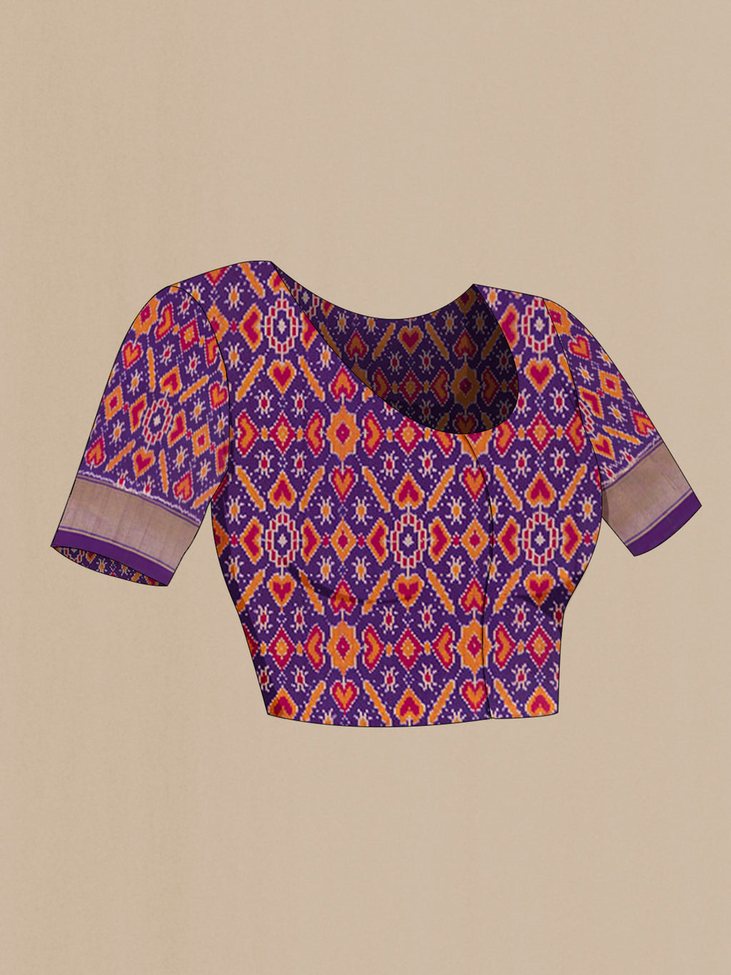 Close up image of the blouse of Pure Silk Violet Pochampally Saree with Pure Ikat on the body and Zari Border. 