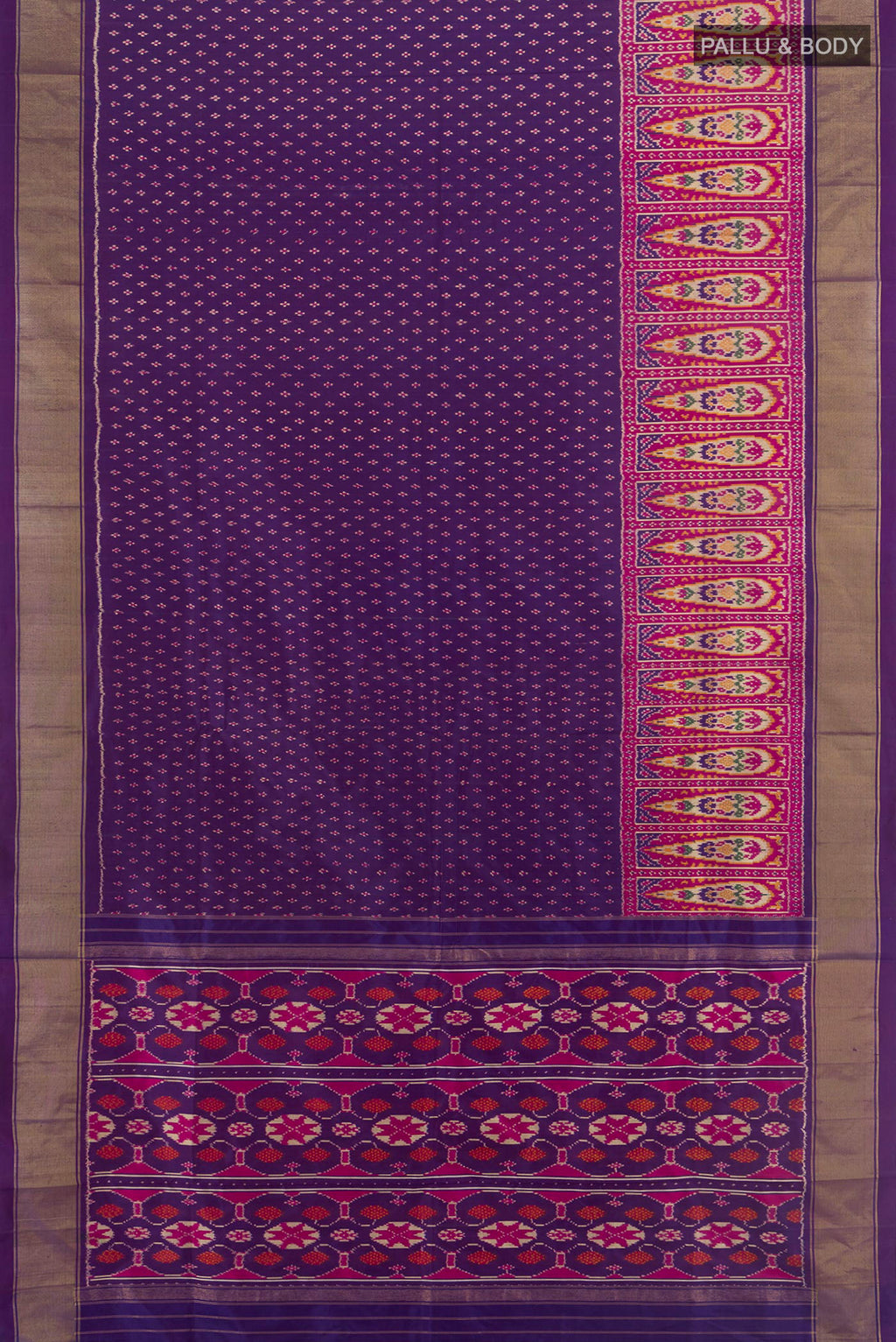 Flat view of Pure Silk Violet Pochampally Saree with Pure Ikat on the body and Zari Border. 