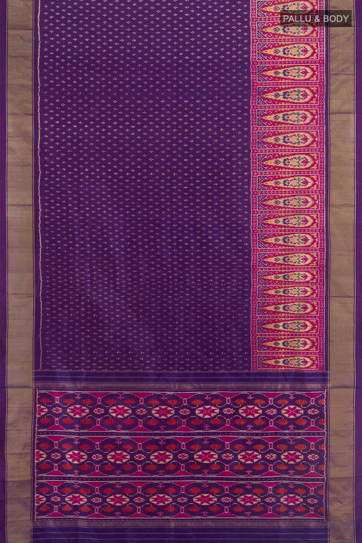 Flat view of Pure Silk Violet Pochampally Saree with Pure Ikat on the body and Zari Border. 