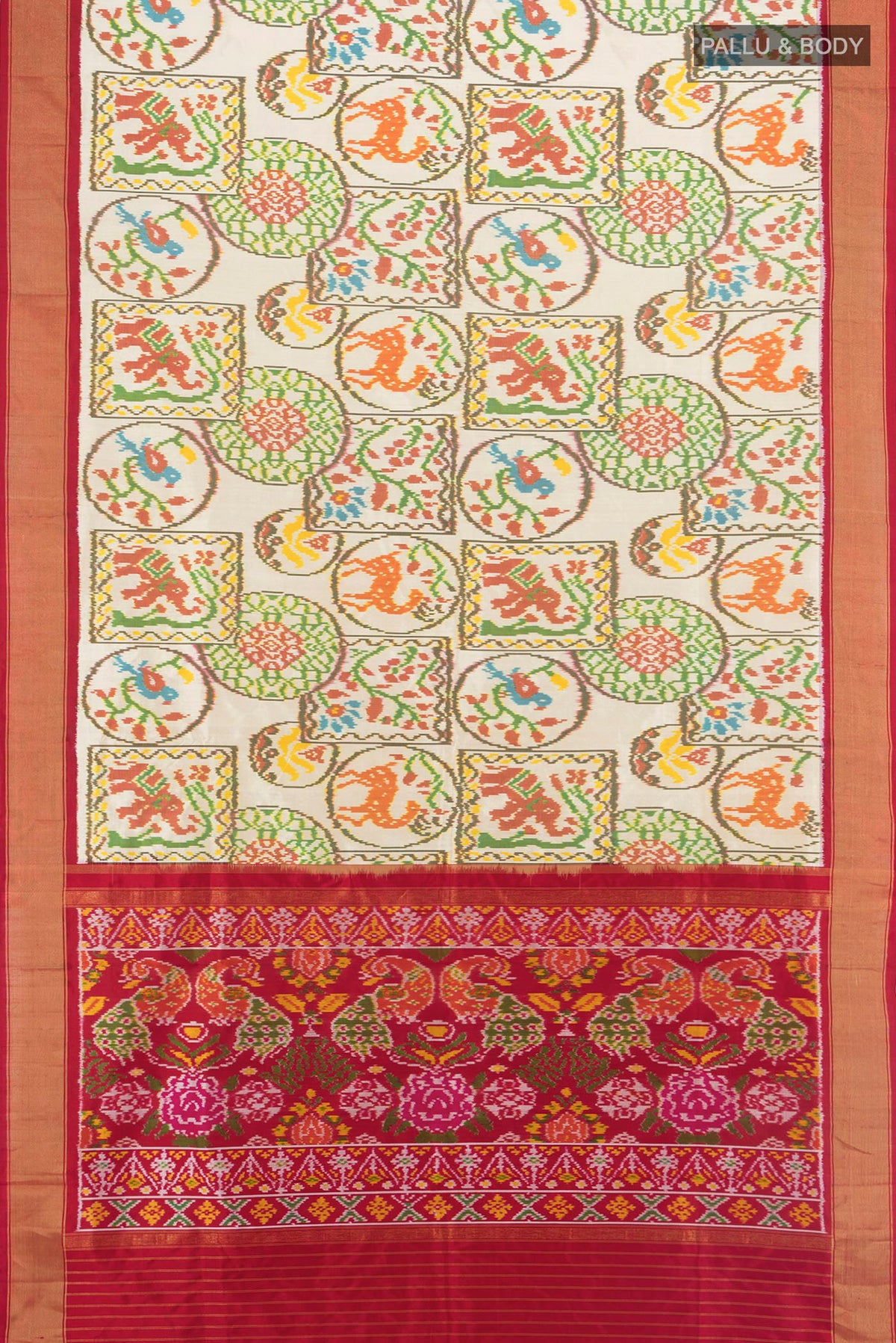 Flat view of Pure Silk Acid Green Pochampally Saree with Pure Ikat on the body and Zari Border. 