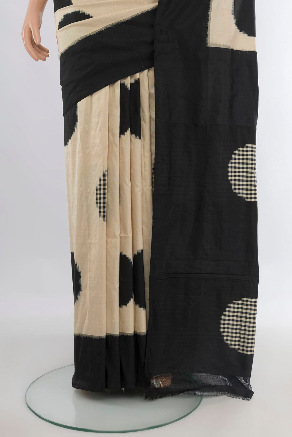 Pleats and pallu of Pure Silk Sandal Pochampally Saree with Checked design on the body and Plain Border. 