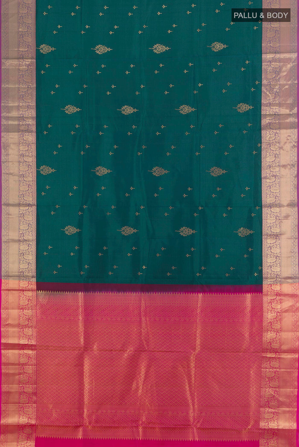 Flat view of Pure Silk Green Soft Saree with Zari Butta on the body and Zari Border. 