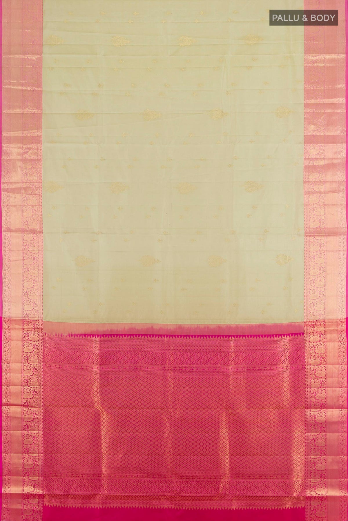 Flat view of Pure Silk Beige Soft Saree with Zari Butta on the body and Zari Border. 