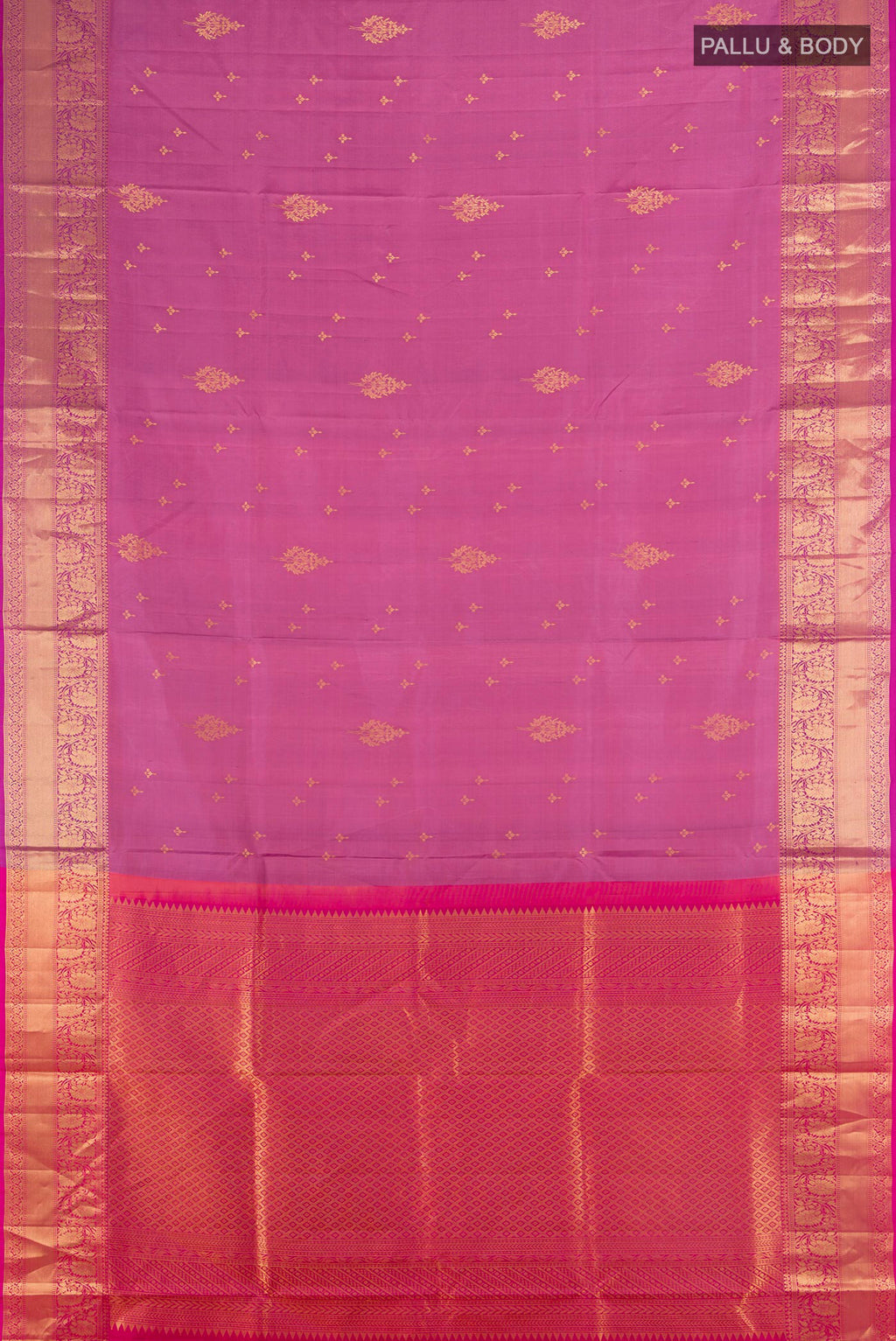 Flat view of Pure Silk Mauve Soft Saree with Zari Butta on the body and Zari Border. 