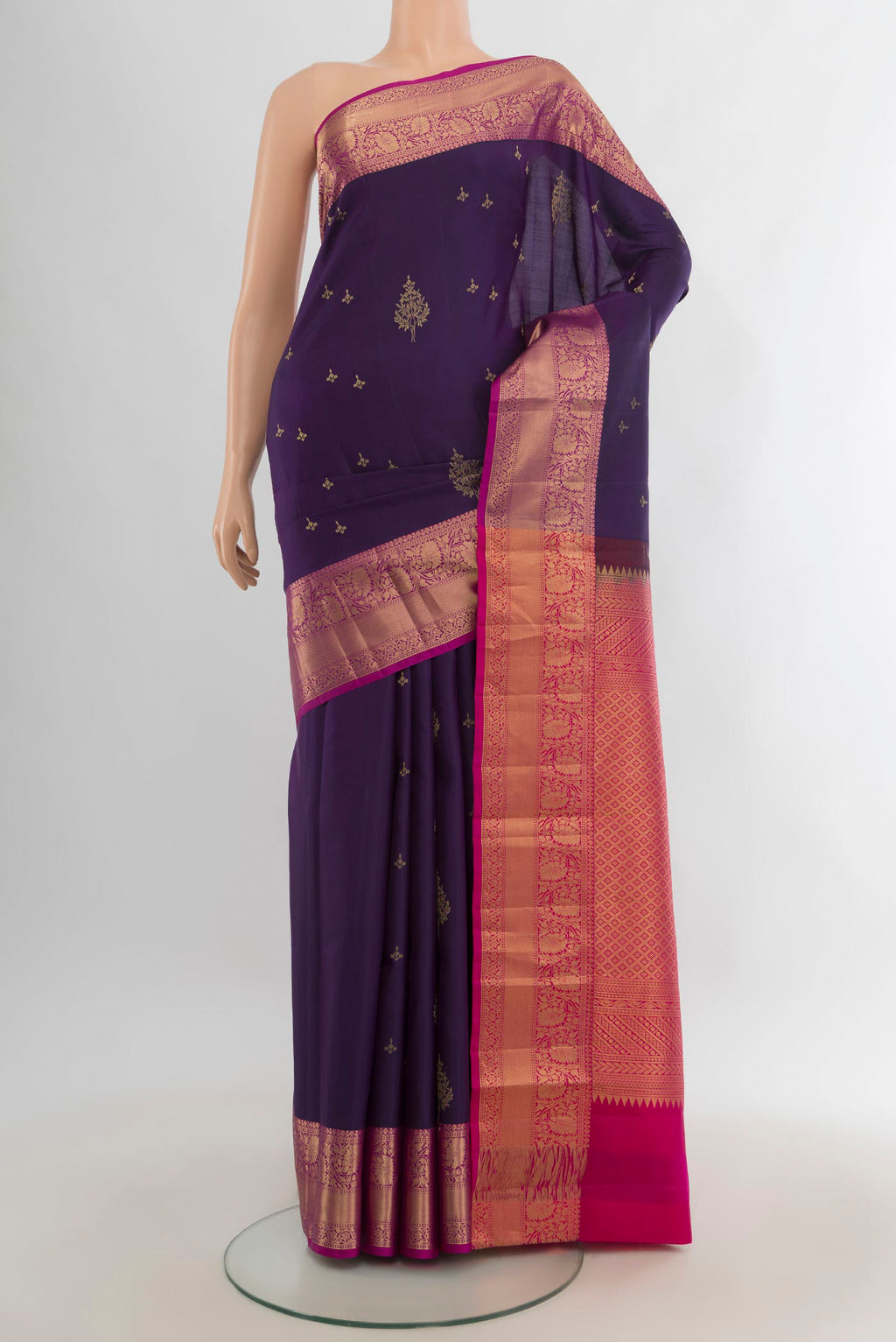 Pure Silk Violet Soft Saree with Zari Butta on the body and Zari Border.  displayed on a mannequin