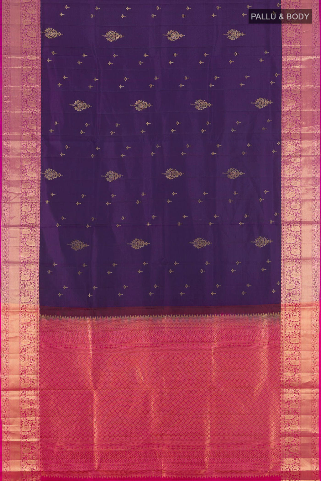 Flat view of Pure Silk Violet Soft Saree with Zari Butta on the body and Zari Border. 