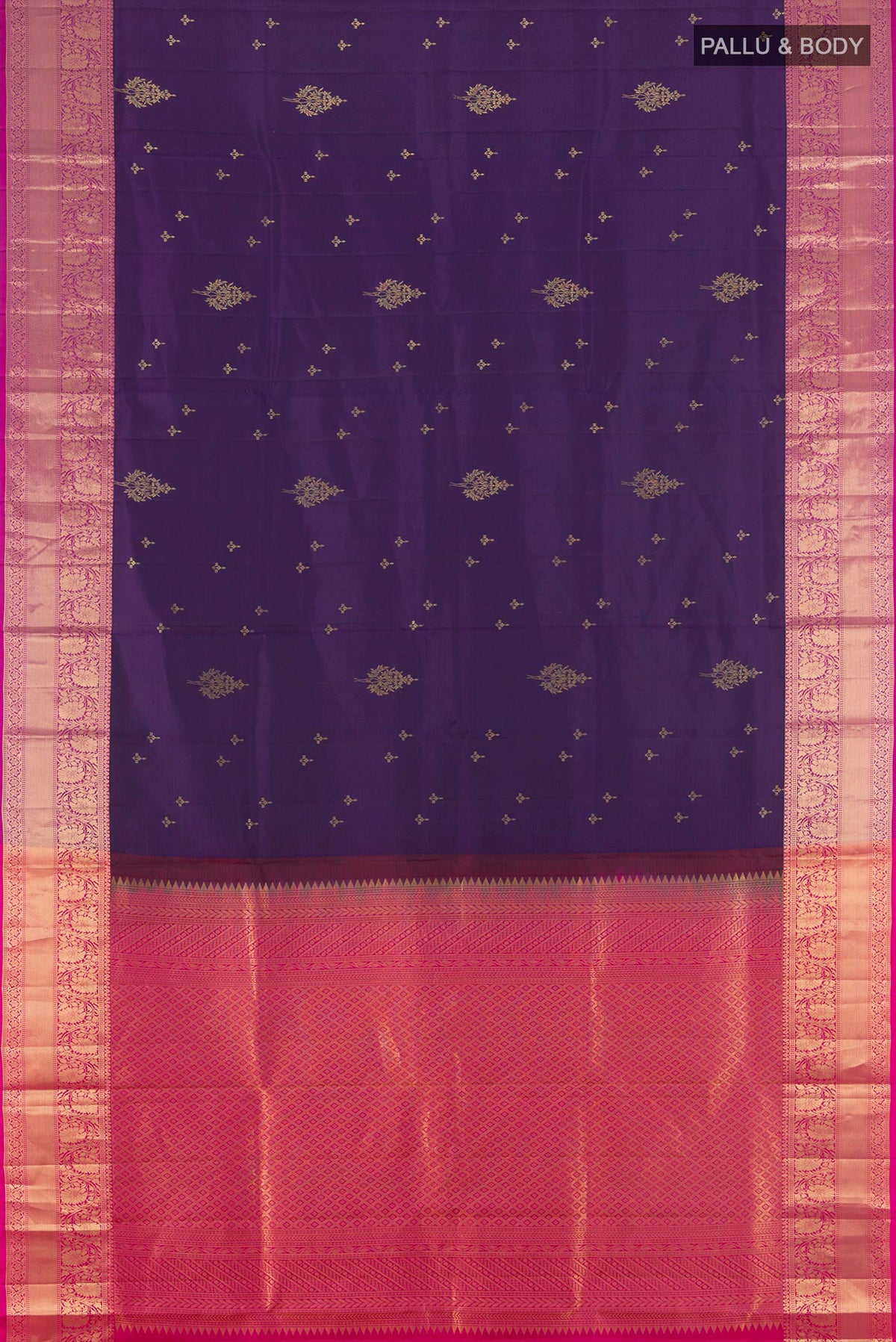 Flat view of Pure Silk Violet Soft Saree with Zari Butta on the body and Zari Border. 