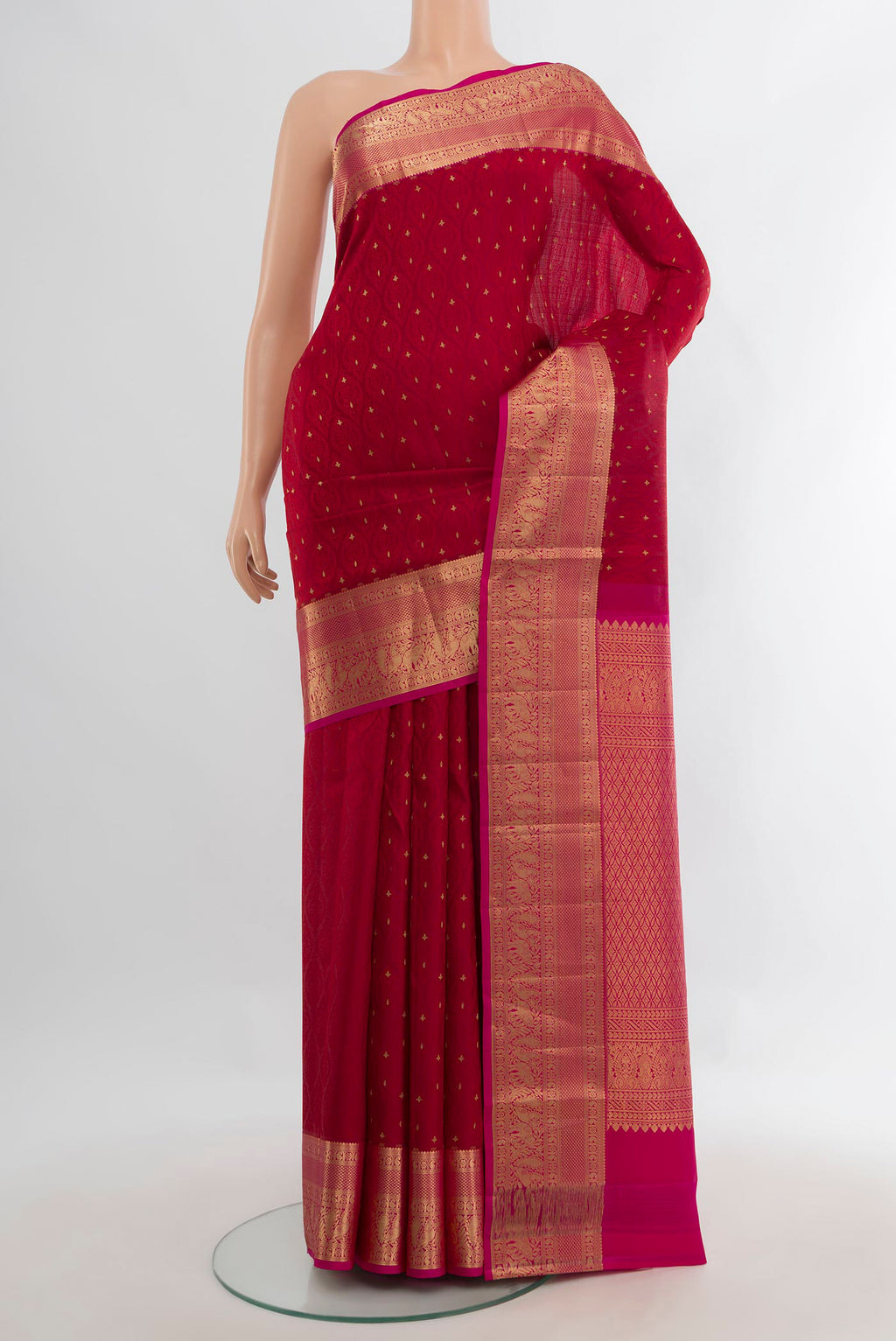 Pure Silk Red Soft Saree with Jacquard With Zari Butta on the body and Zari Border.  displayed on a mannequin