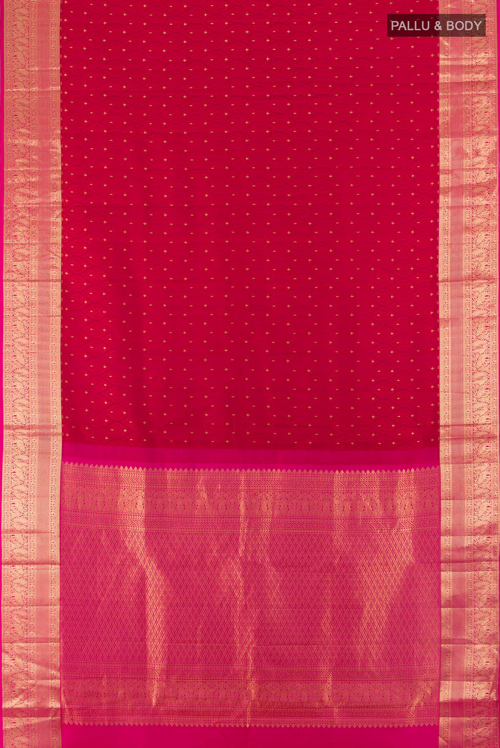Flat view of Pure Silk Red Soft Saree with Jacquard With Zari Butta on the body and Zari Border. 