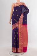 Pure Silk Navy Blue Soft Saree with Zari Butta on the body and Zari Border.  displayed on a mannequin
