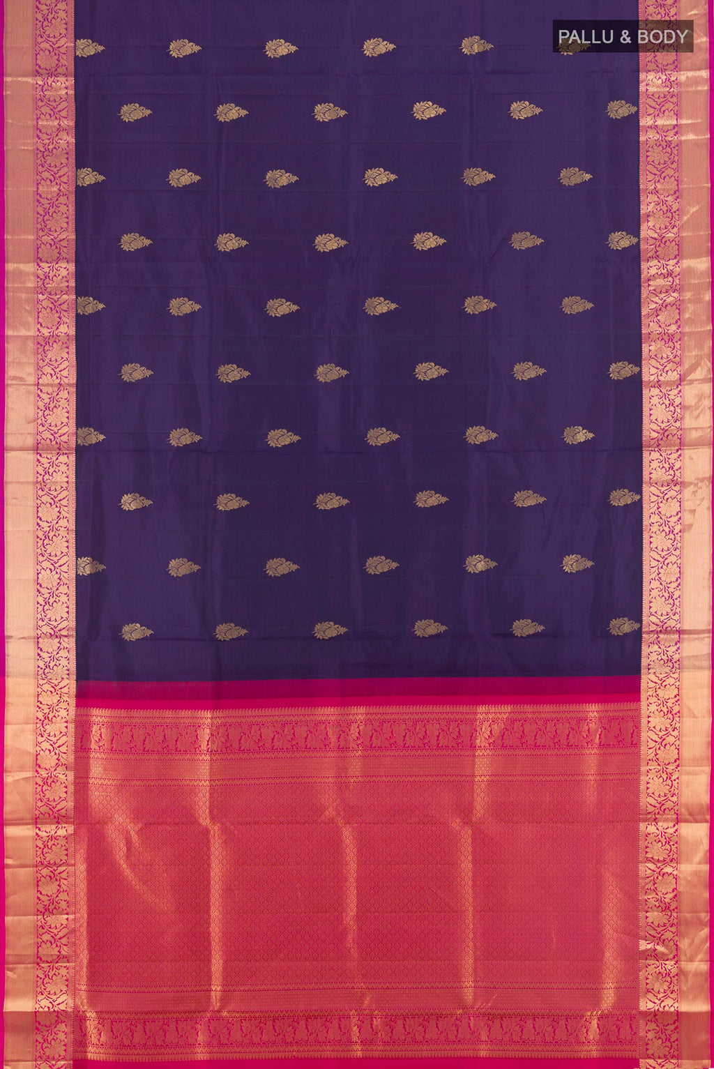 Flat view of Pure Silk Navy Blue Soft Saree with Zari Butta on the body and Zari Border. 