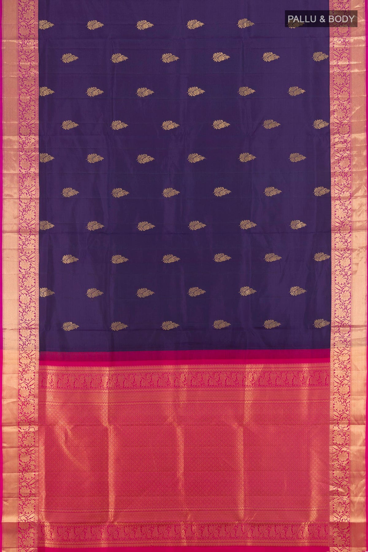 Flat view of Pure Silk Navy Blue Soft Saree with Zari Butta on the body and Zari Border. 