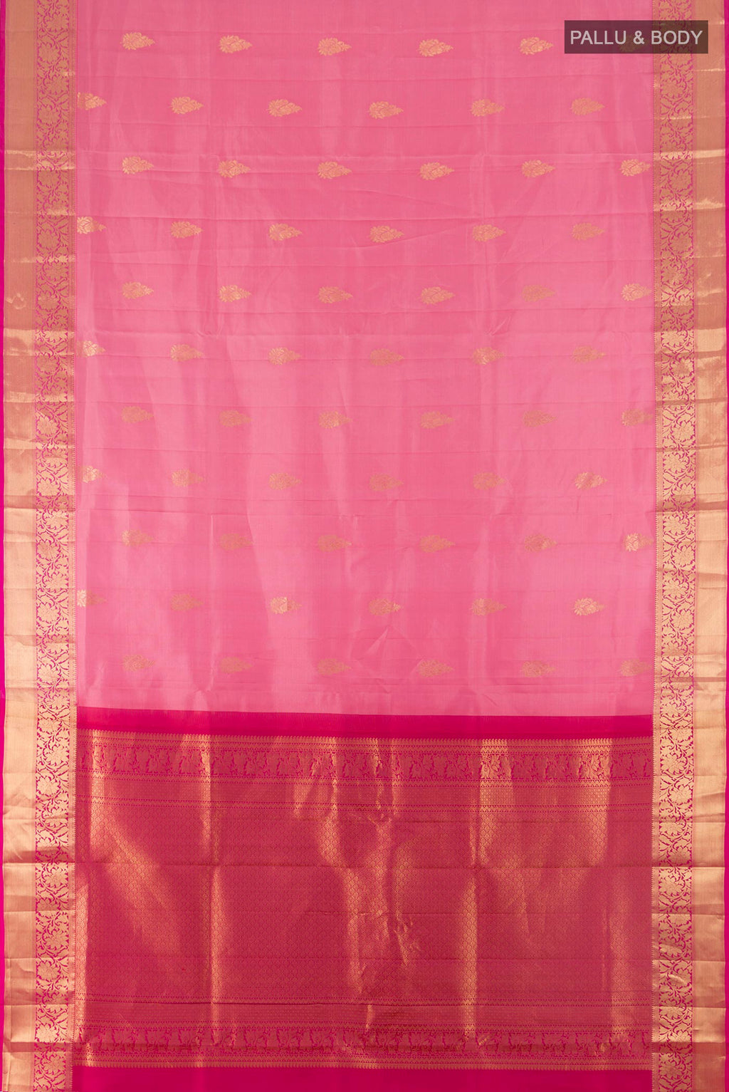 Flat view of Pure Silk Rose pink Soft Saree with Zari Butta on the body and Zari Border. 