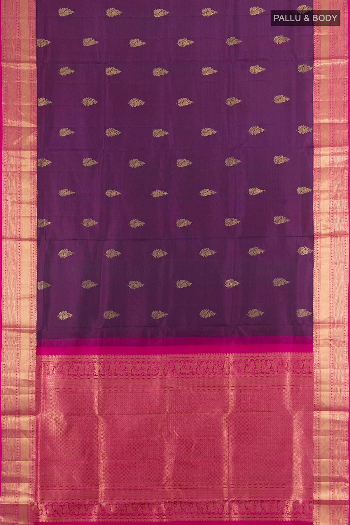 Flat view of Pure Silk Purple Soft Saree with Zari Butta on the body and Silk Border. 