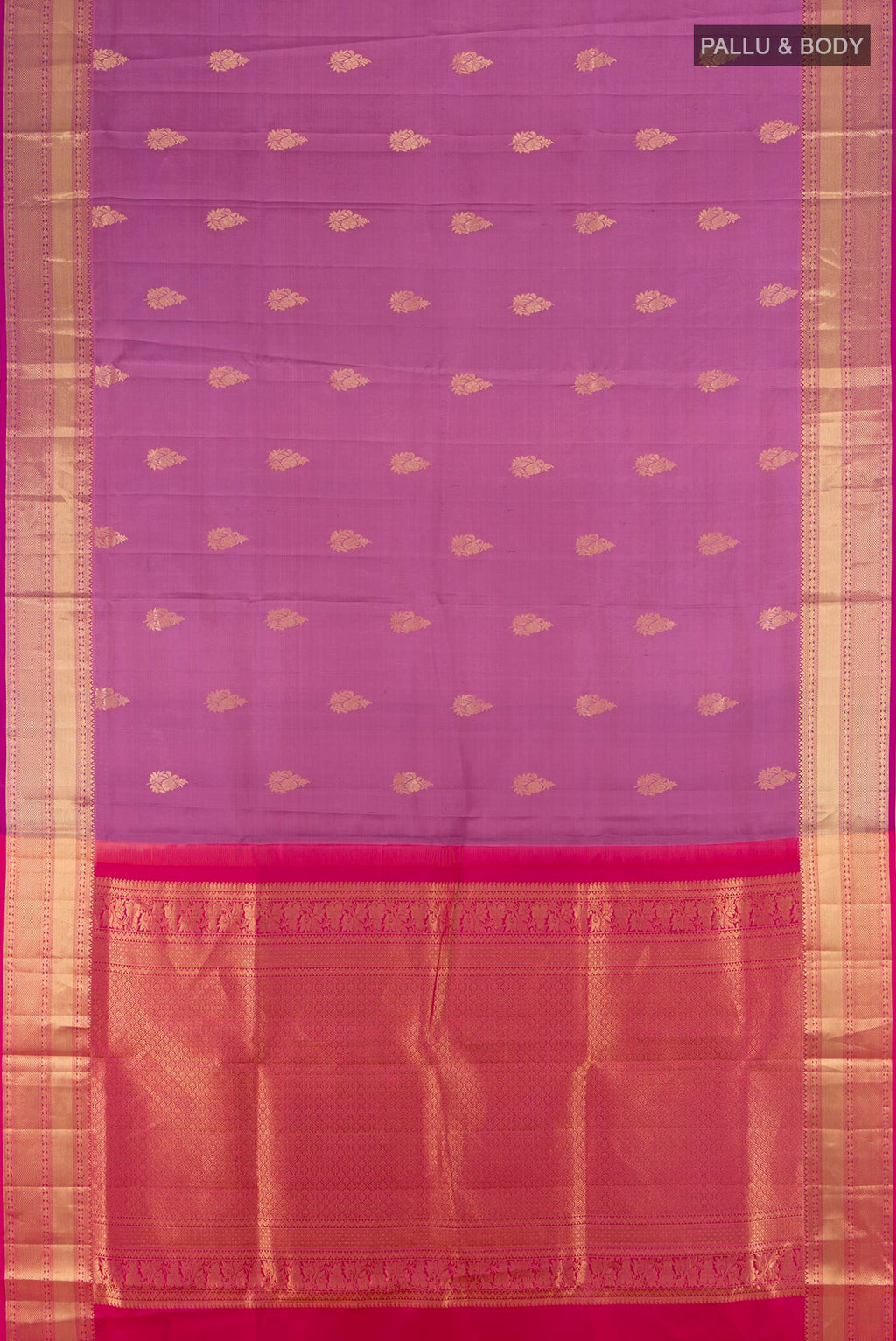 Flat view of Pure Silk Lavender Soft Saree with Zari Butta on the body and Zari Border. 