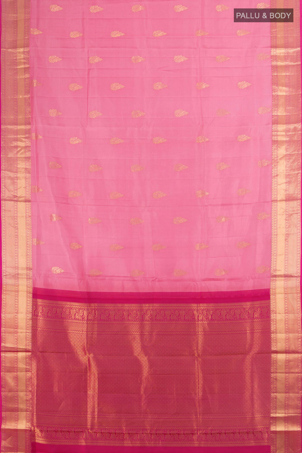 Flat view of Pure Silk Rose pink Soft Saree with Zari Butta on the body and Zari Border. 