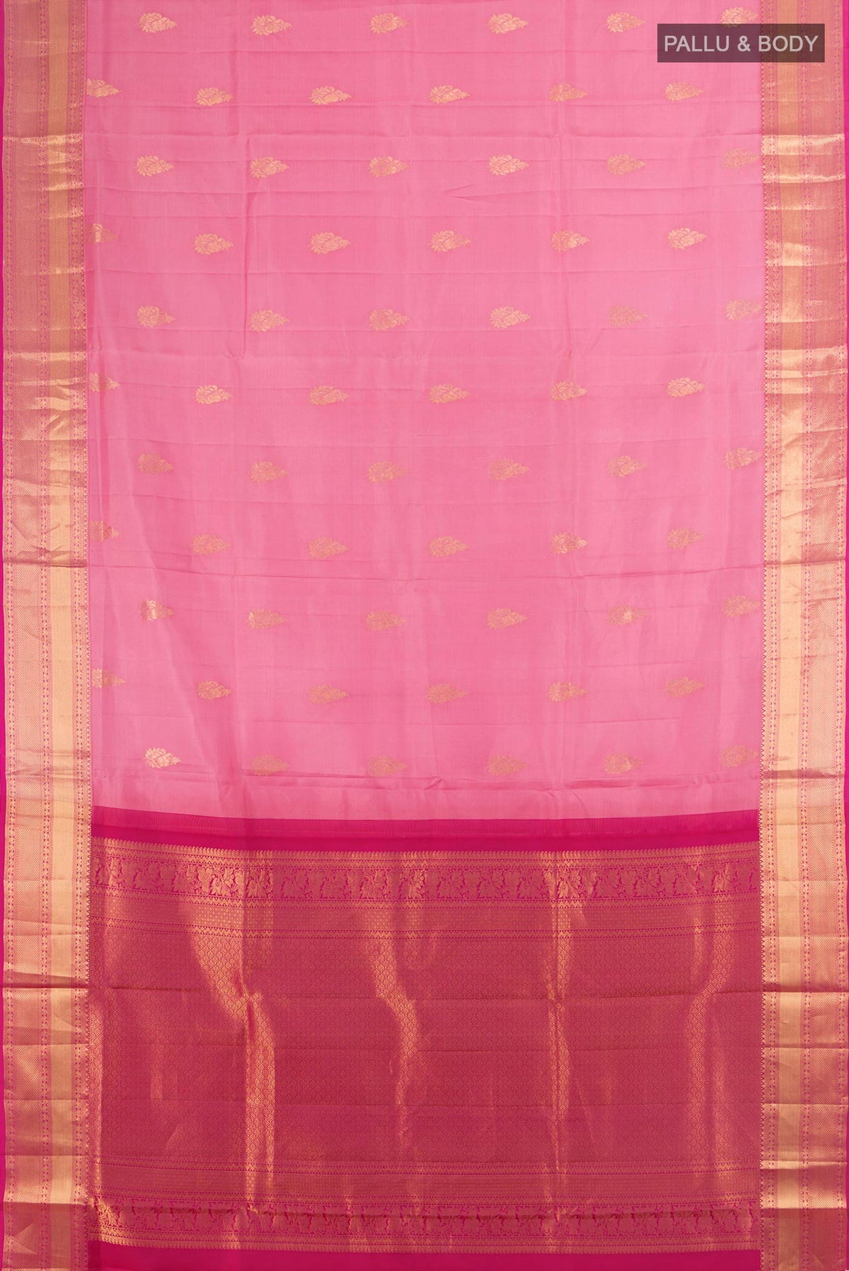 Flat view of Pure Silk Rose pink Soft Saree with Zari Butta on the body and Zari Border. 