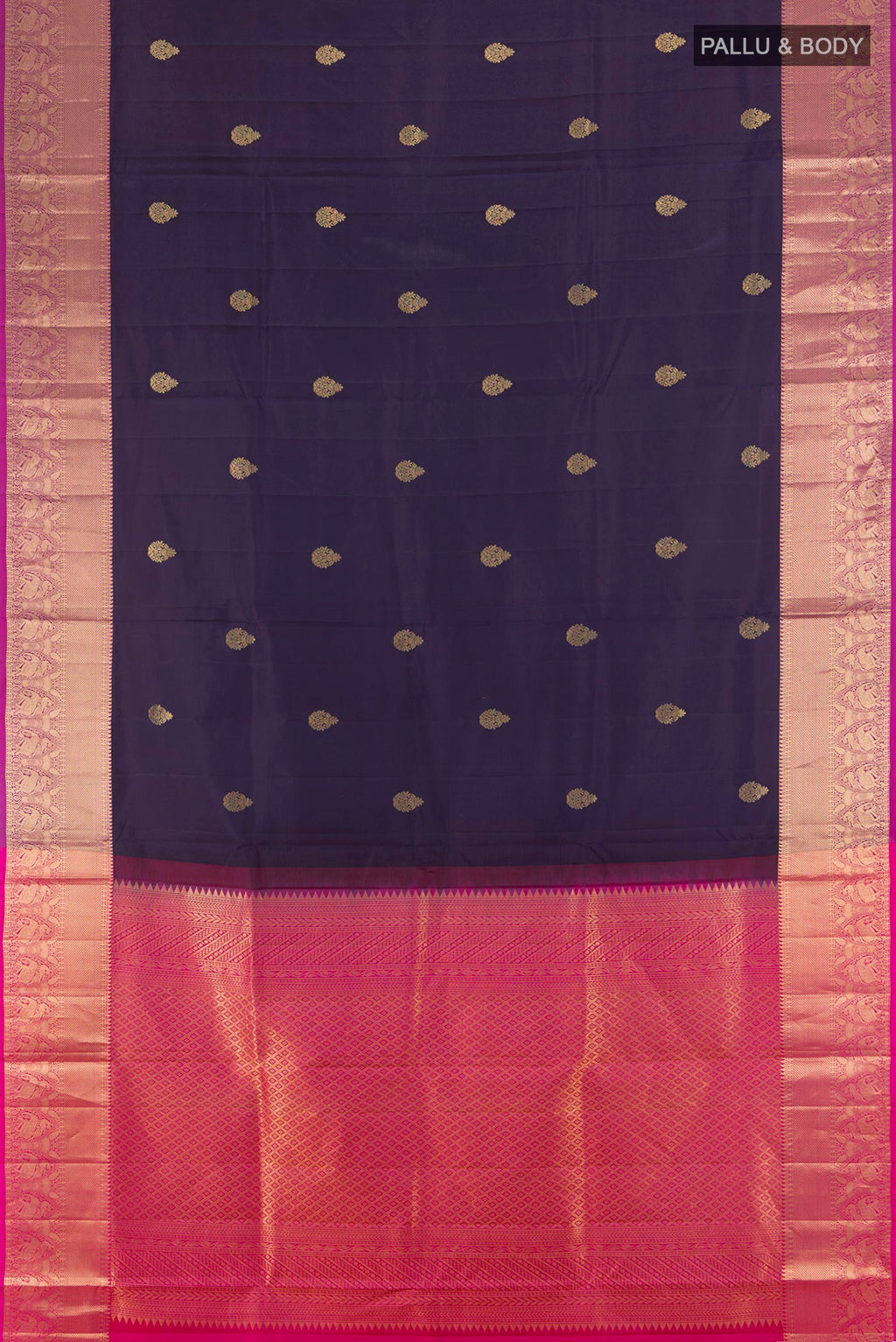 Flat view of Pure Silk Navy Blue Soft Saree with Zari Butta on the body and Zari Border. 