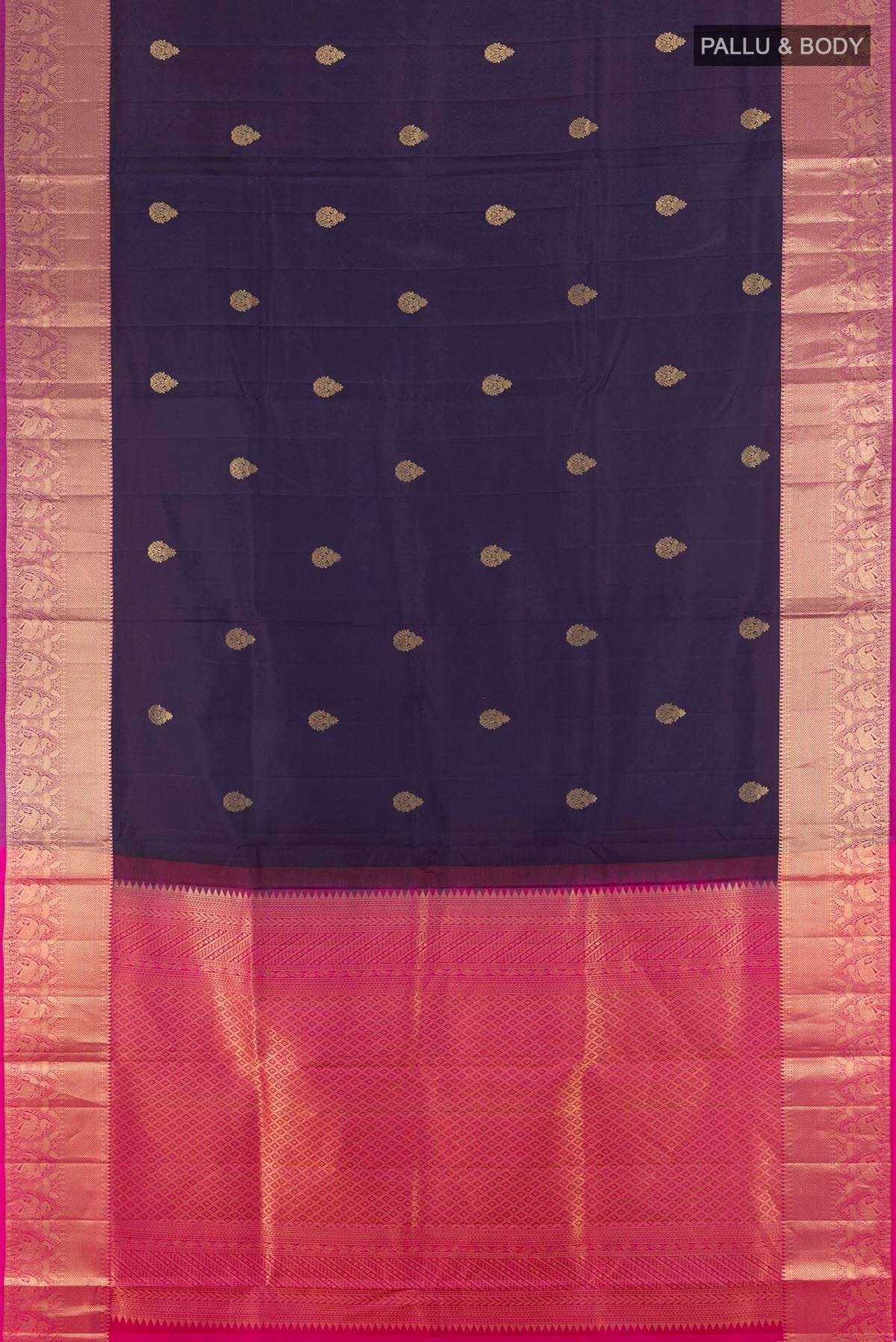 Flat view of Pure Silk Navy Blue Soft Saree with Zari Butta on the body and Zari Border. 