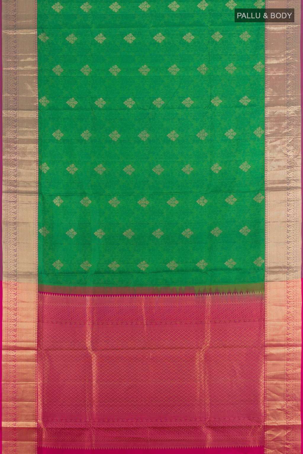 Flat view of Pure Silk Green Soft Saree with Jacquard With Zari Butta on the body and Zari Border. 