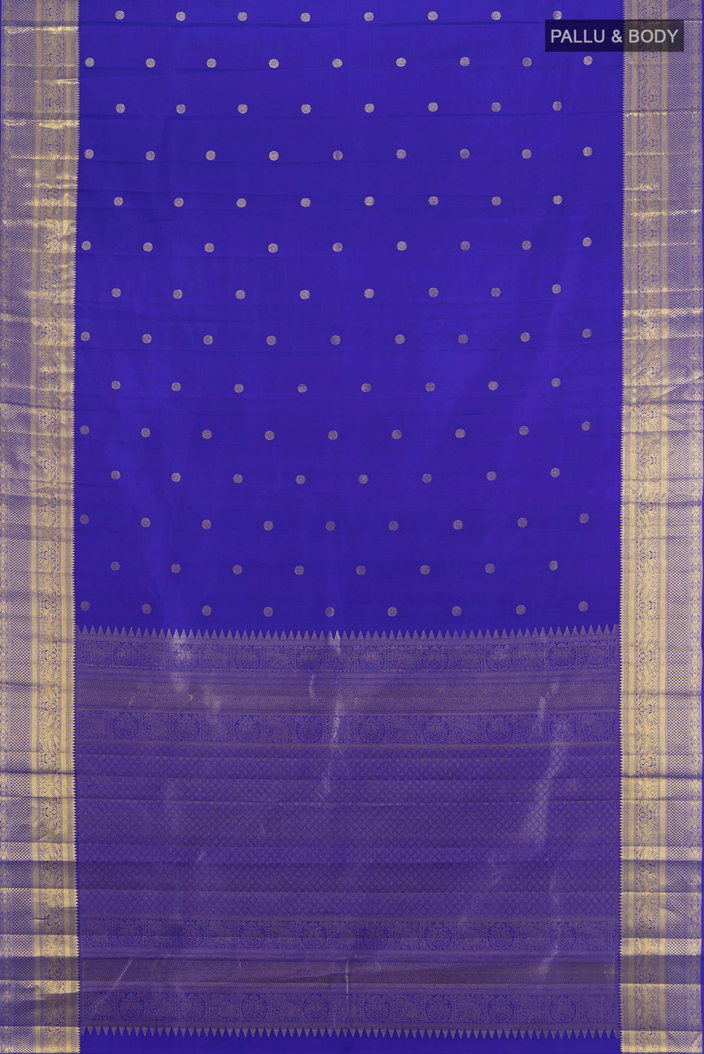 Flat view of Pure Silk Royal Blue Kanchipuram Saree with Zari Butta on the body and Zari Border. 
