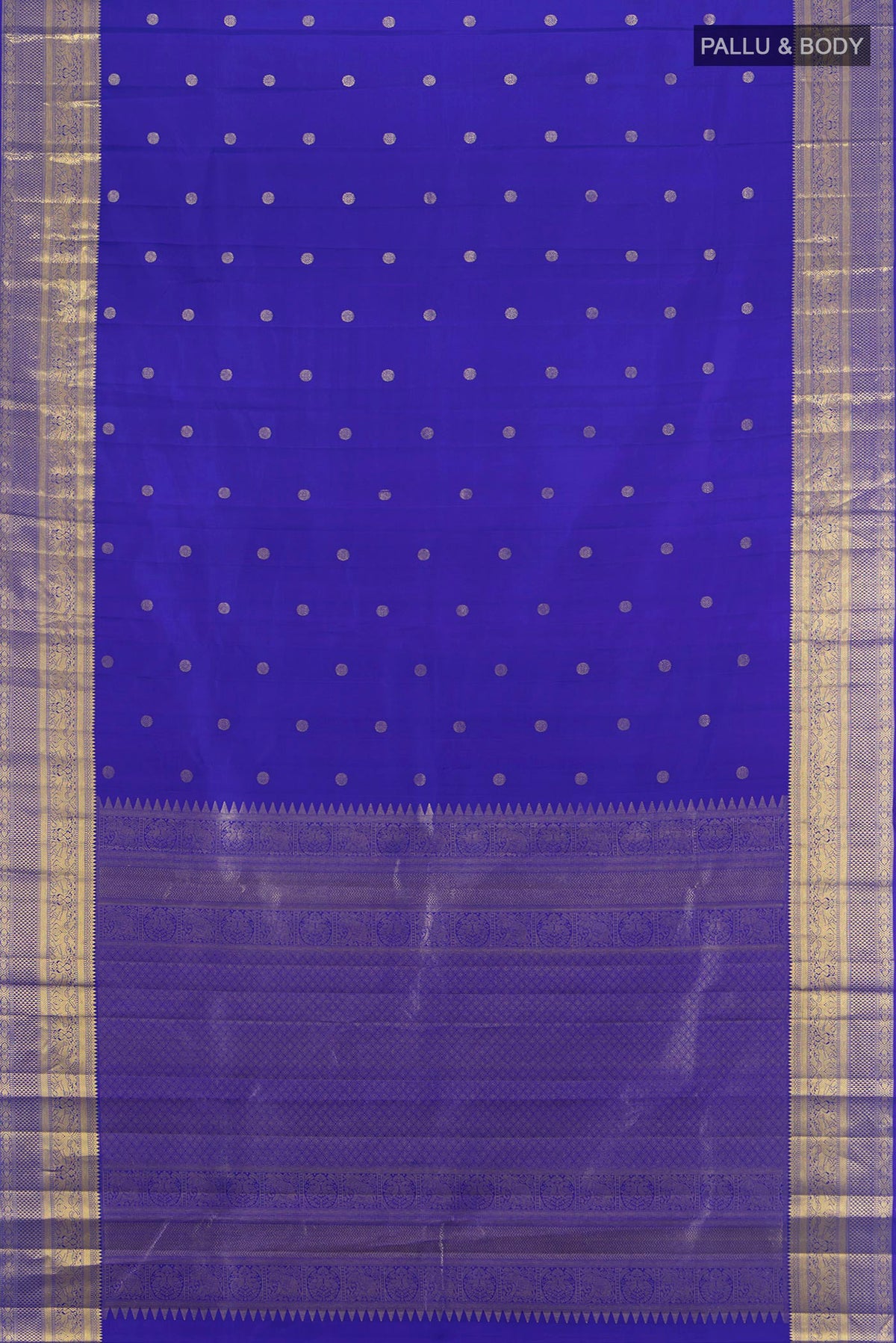 Flat view of Pure Silk Royal Blue Kanchipuram Saree with Zari Butta on the body and Zari Border. 