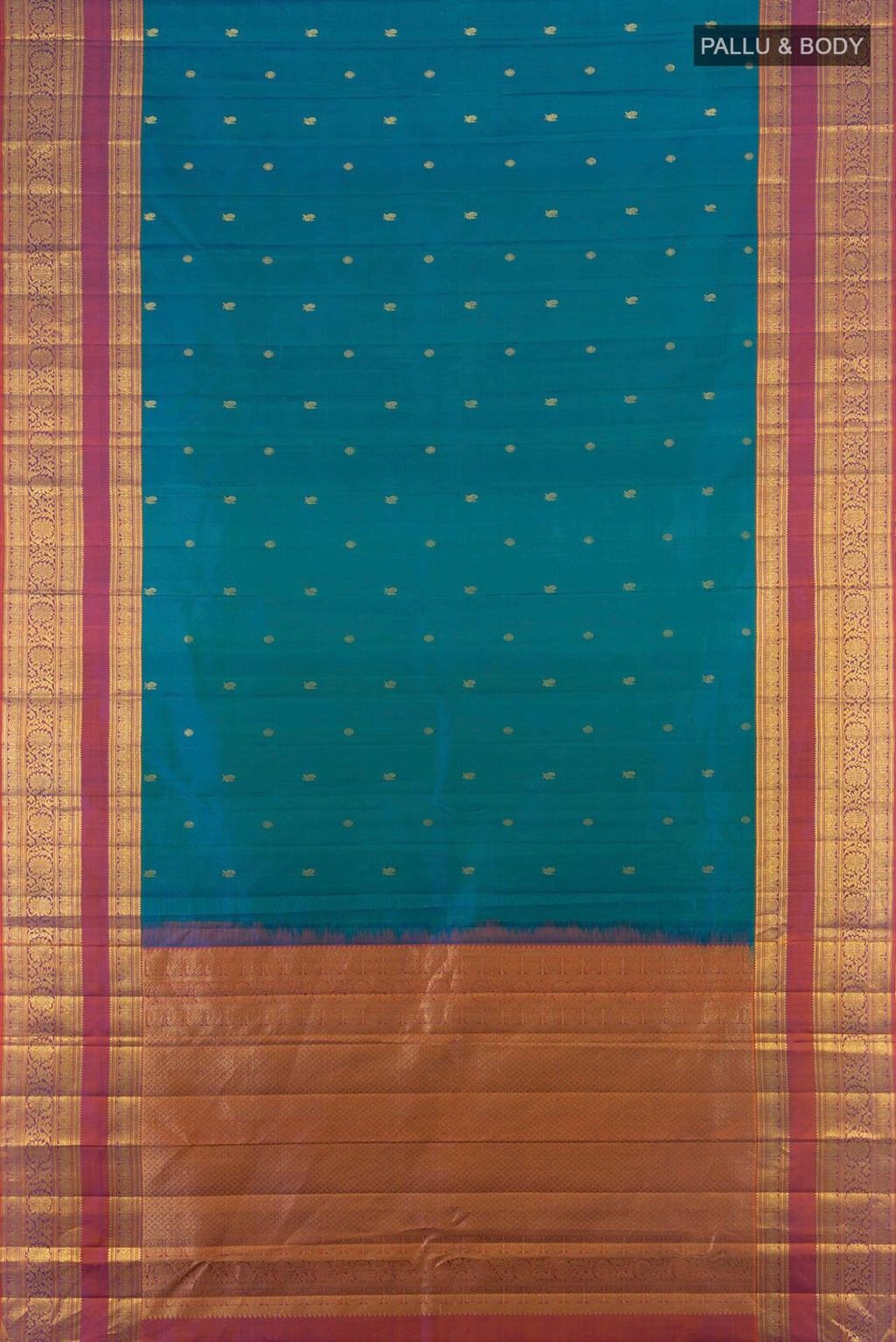 Flat view of Pure Silk Peacock Blue Kanchipuram Saree with Zari Butta on the body and Zari Border. 