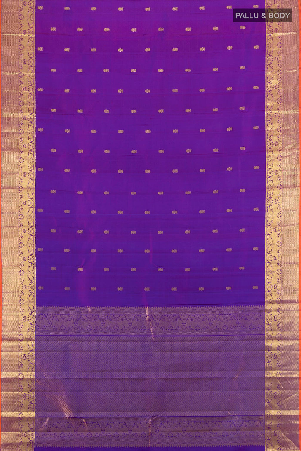 Flat view of Pure Silk Purple Kanchipuram Saree with Zari Butta on the body and Zari Border. 