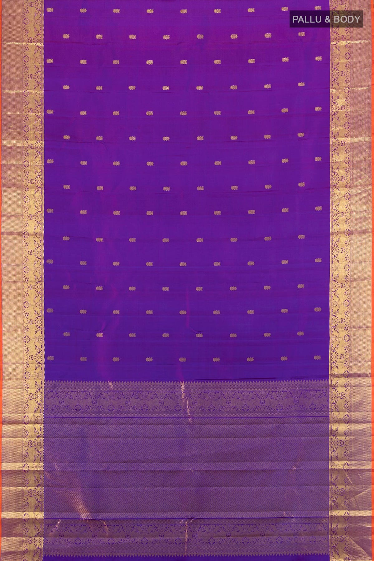 Flat view of Pure Silk Purple Kanchipuram Saree with Zari Butta on the body and Zari Border. 