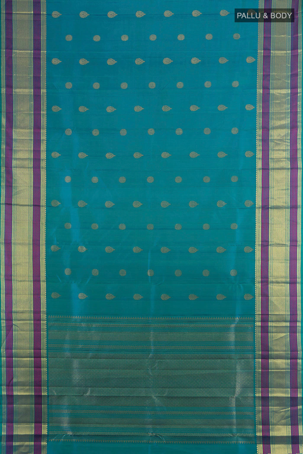 Flat view of Pure Silk Pure Zari Peacock Blue Kanjivaram Saree with Zari Butta on the body and Silk Border. 