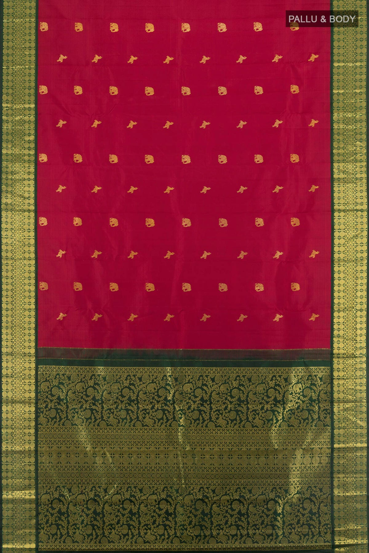 Flat view of Pure Silk Deep Red Kanjivaram Saree with Zari Butta on the body and Zari Border. 