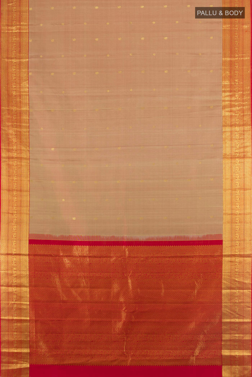 Flat view of Pure Silk Sandal Kanchipuram Saree with Zari Butta on the body and Zari Border. 