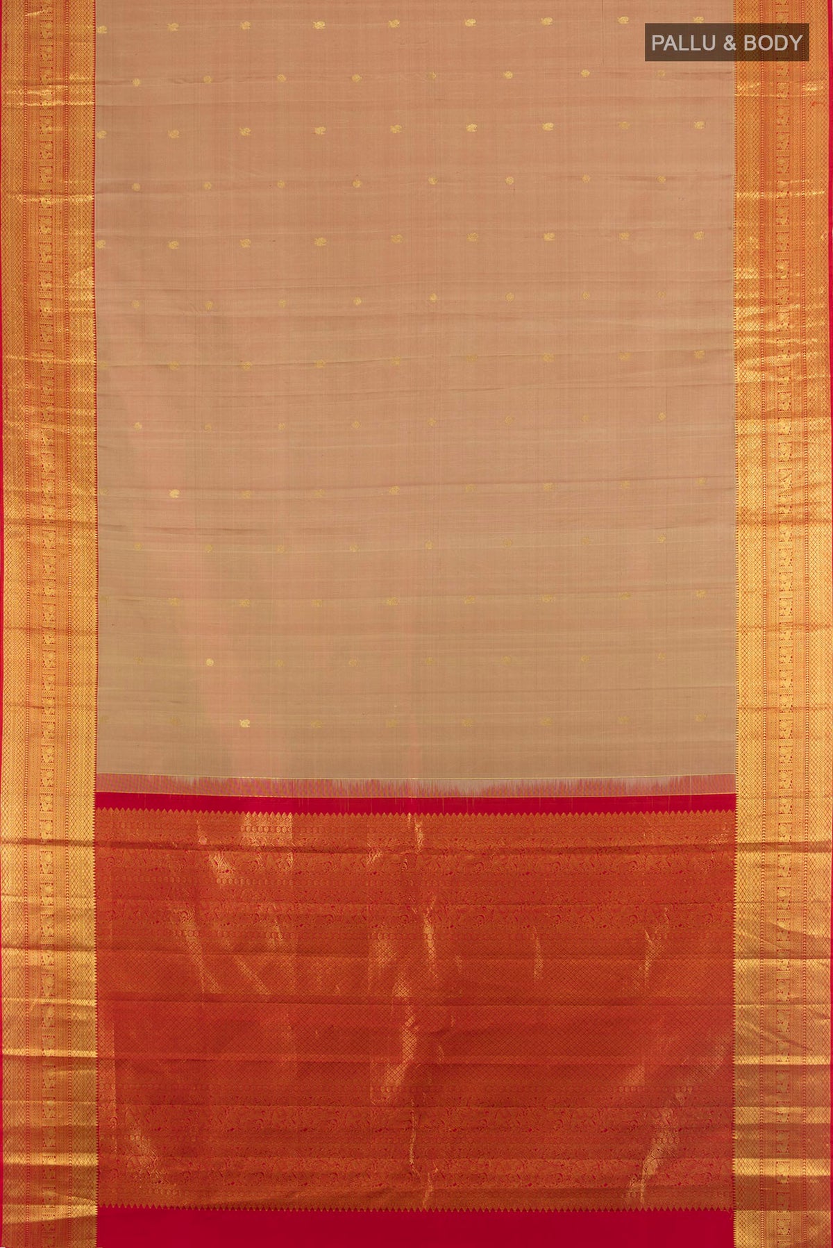 Flat view of Pure Silk Sandal Kanchipuram Saree with Zari Butta on the body and Zari Border. 