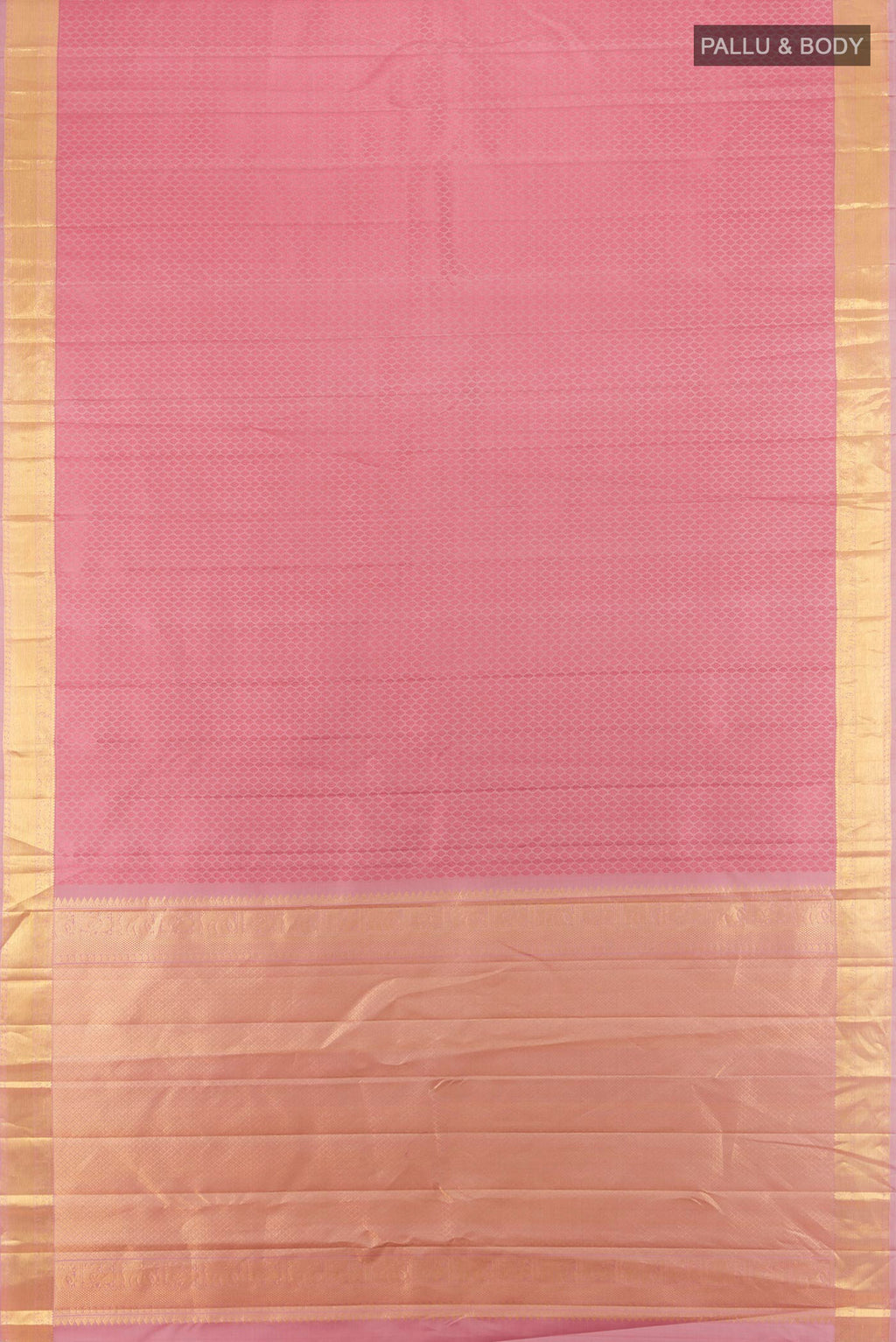 Flat view of Pure Silk Coral Kanjivaram Saree with Jacquard design on the body and Zari Border. 