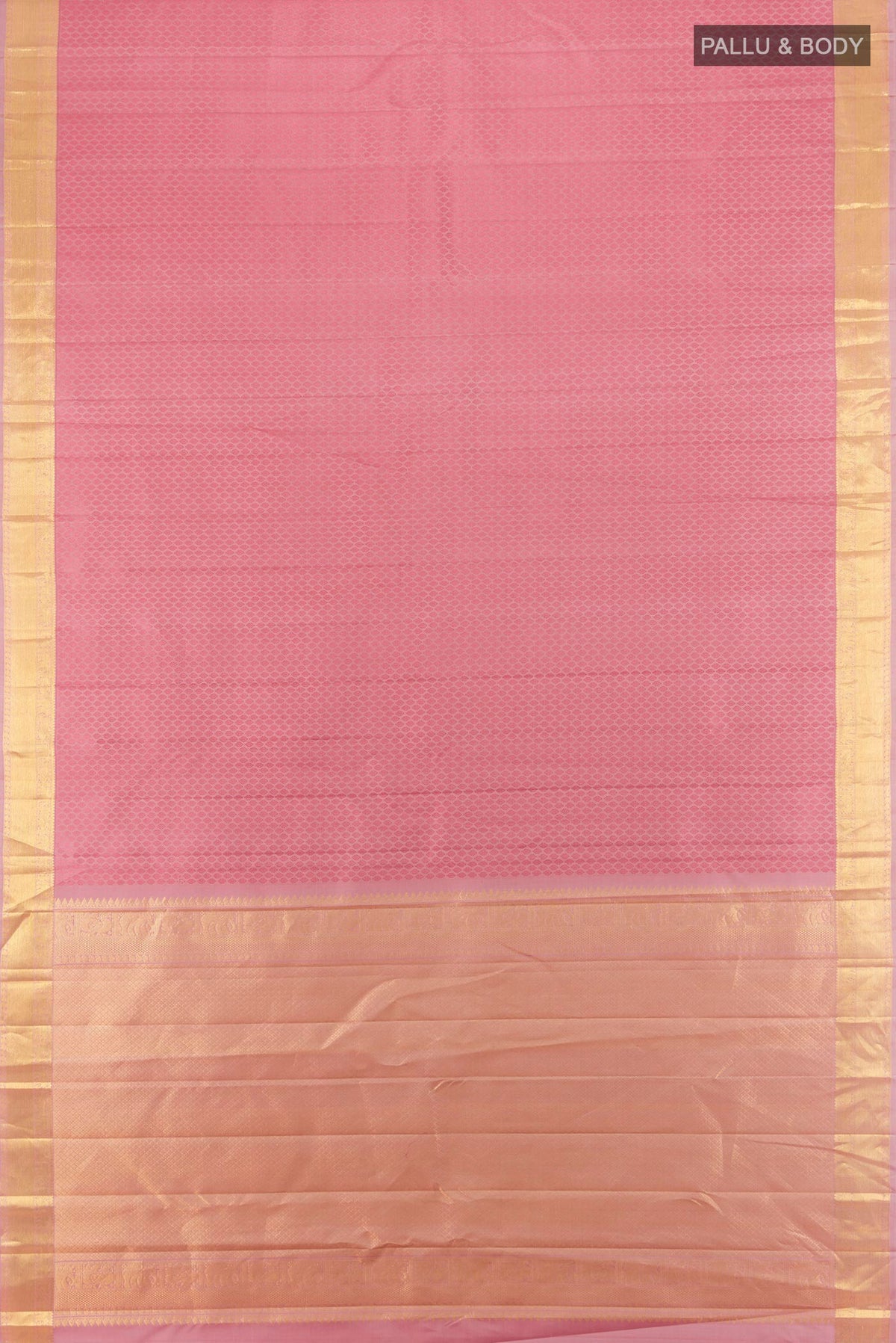 Flat view of Pure Silk Coral Kanjivaram Saree with Jacquard design on the body and Zari Border. 