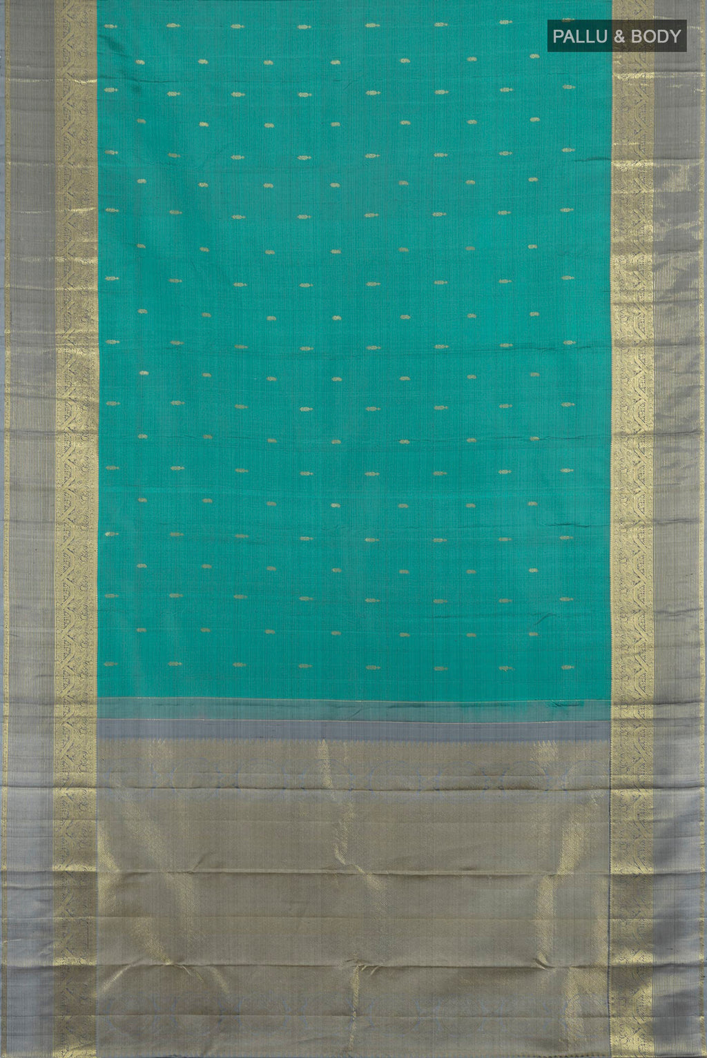 Flat view of Pure Silk Teal Kanchipuram Saree with Zari Butta on the body and Zari Border. 