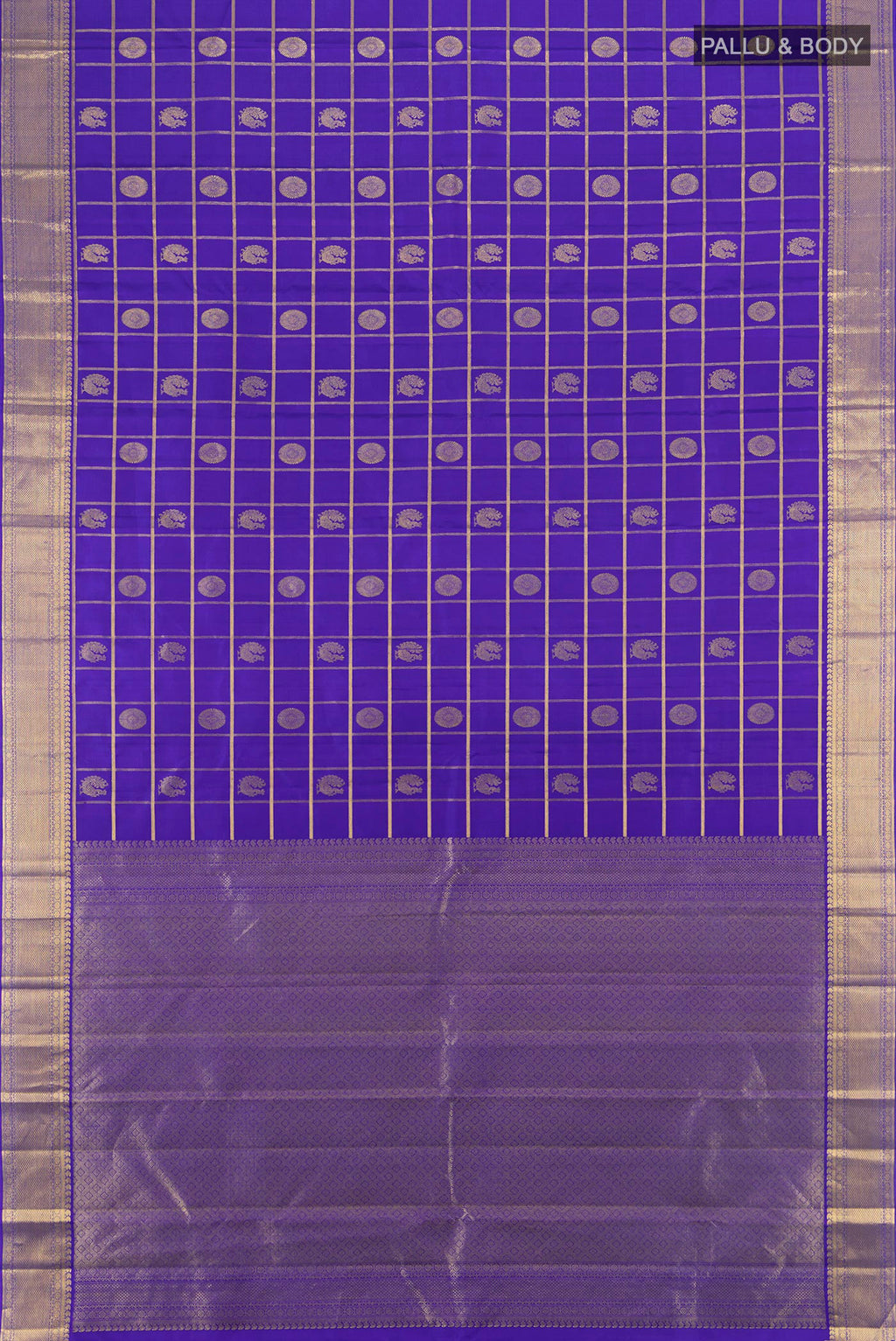 Flat view of Pure Silk Royal Blue Kanjivaram Saree with Checked design on the body and Zari Border. 