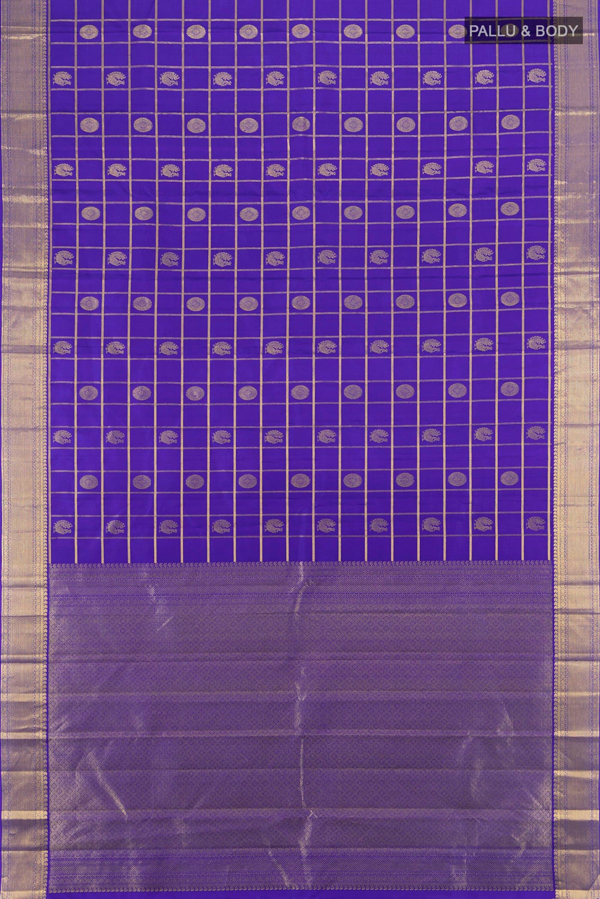 Flat view of Pure Silk Royal Blue Kanjivaram Saree with Checked design on the body and Zari Border. 