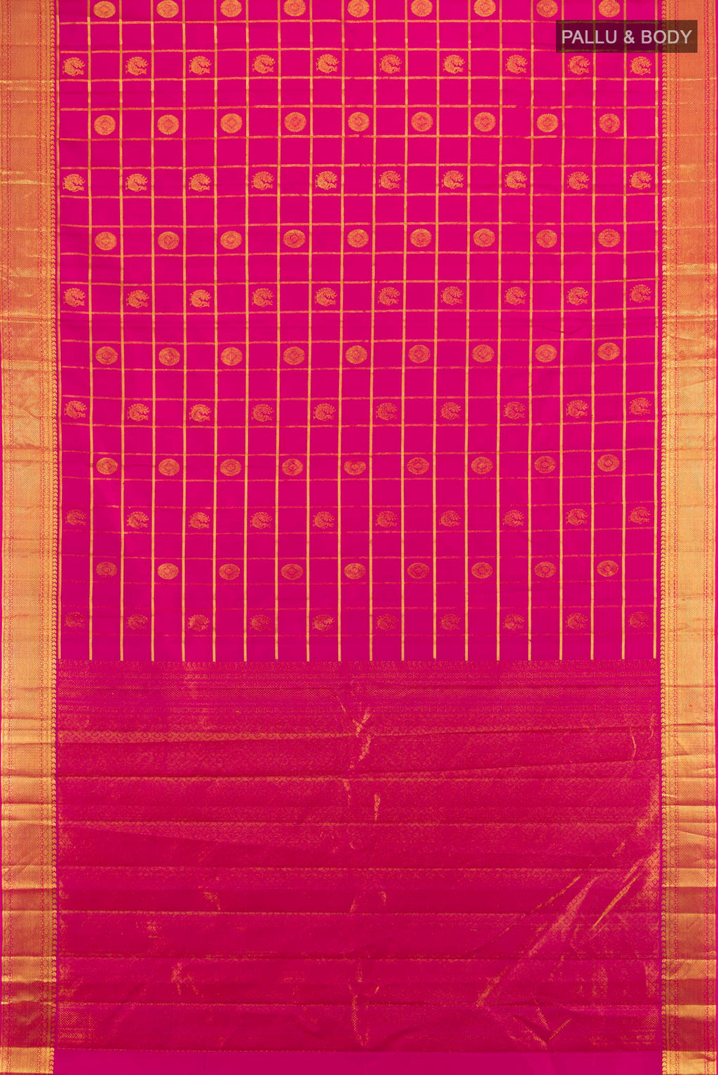Flat view of Pure Silk Pink Kanjivaram Saree with Checked design on the body and Zari Border. 