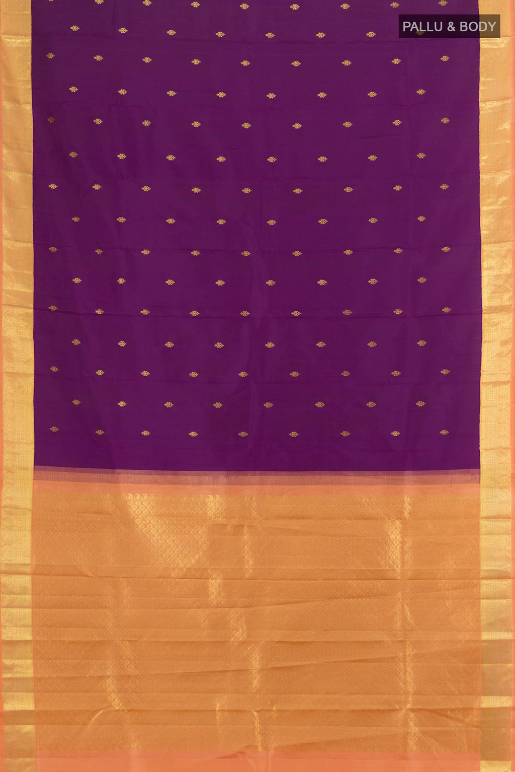 Flat view of Pure Silk Purple Kanjivaram Saree with Zari Butta on the body and Zari Border. 