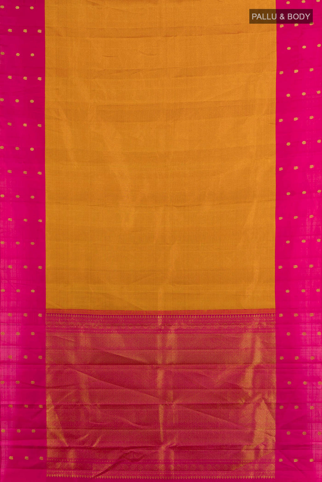 Flat view of Pure Silk Rust Kanjivaram Saree with Zari Butta on the body and Silk Border. 