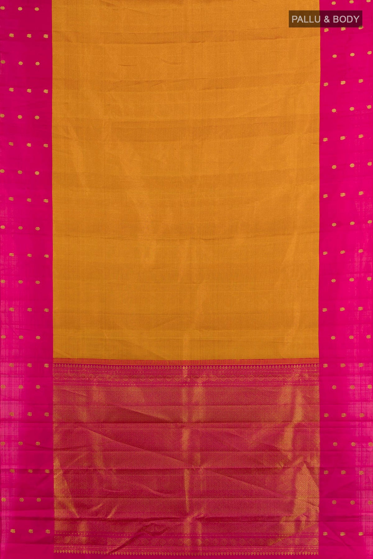 Flat view of Pure Silk Rust Kanjivaram Saree with Zari Butta on the body and Silk Border. 